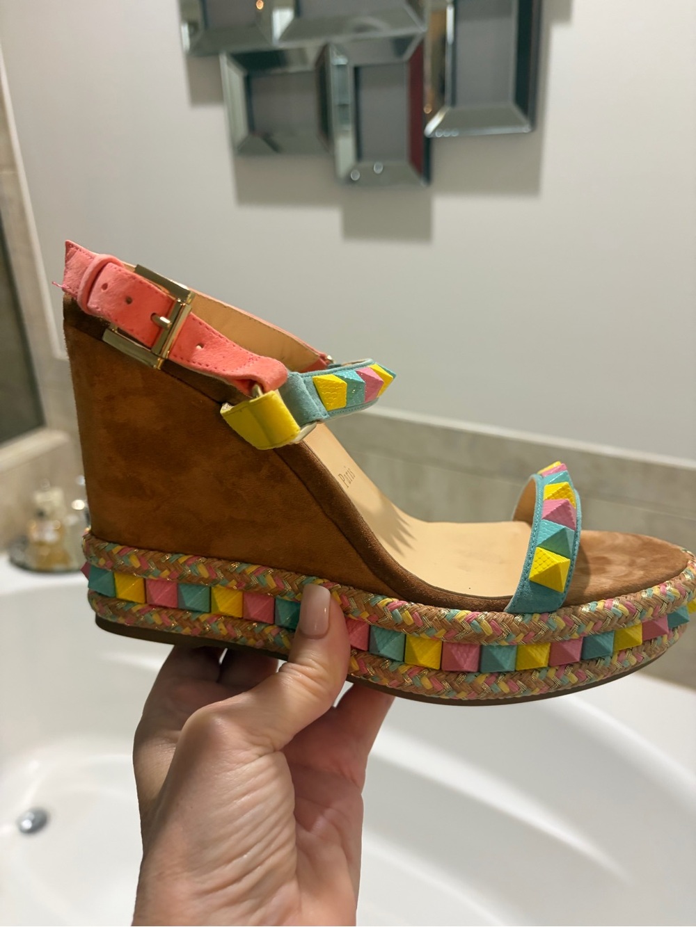 Christian Louboutin Brown Suede Wedge with Pink and Multicolor Studs